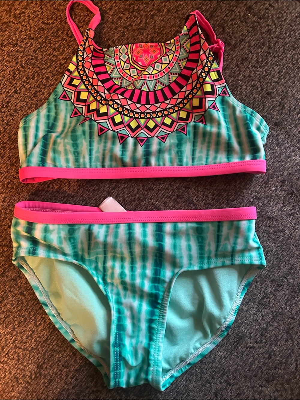 Justice Girls Teal Tie-Dye Bikini with Neon Pink Trim & Multicolor Mandala